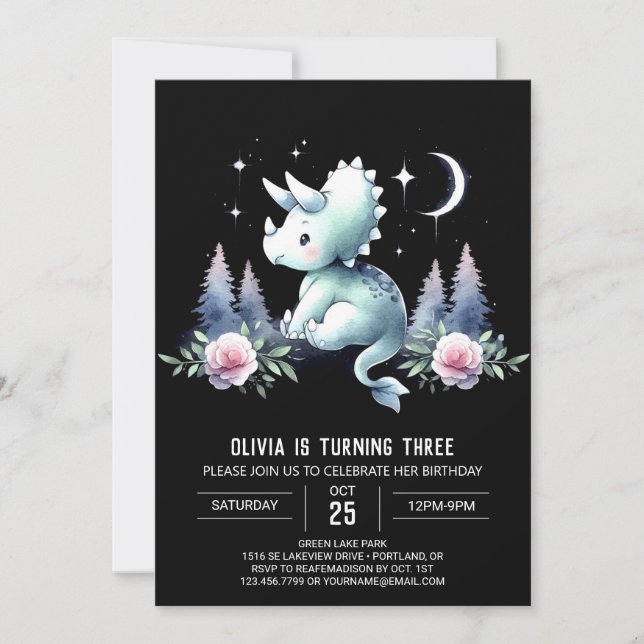 Convites Elegante Dino Triceratops Aniversário (Frente)