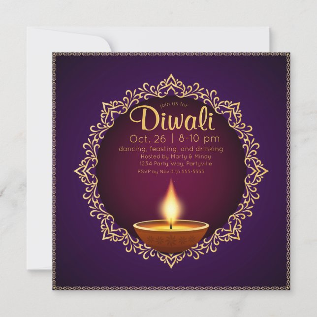 Convites Elegante Diwali Diyas Purple (Frente)
