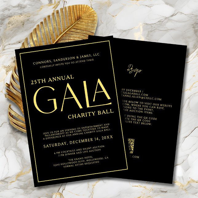 Convites Elegante do evento Gala Charity Fundraiser Black D (Elegant Gala Event Charity Fundraiser Black and Gold Invitation with QR Code and RSVP on Back.
)