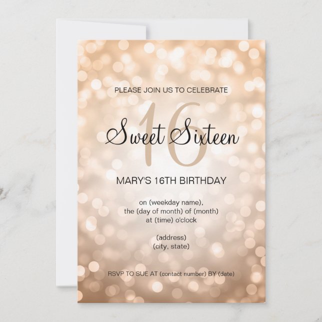 Convites Elegante Doce 16 Luzes de Cobre de Aniversário (Frente)