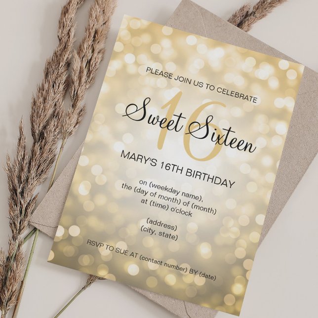 Convites Elegante Doce 16 Luzes Douradas de Aniversário (Elegant Sweet 16 Birthday Gold Glitter Lights Invitation)