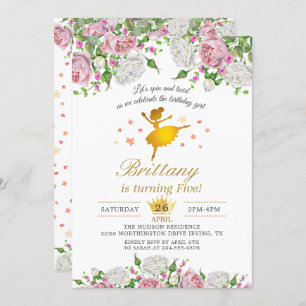 Convites Elegante Dourada Ballerina Floral Girl Festa de an