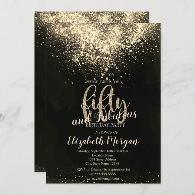 Convites Elegante Dourada Confetti 50ª Festa de aniversário (Frente/Verso)