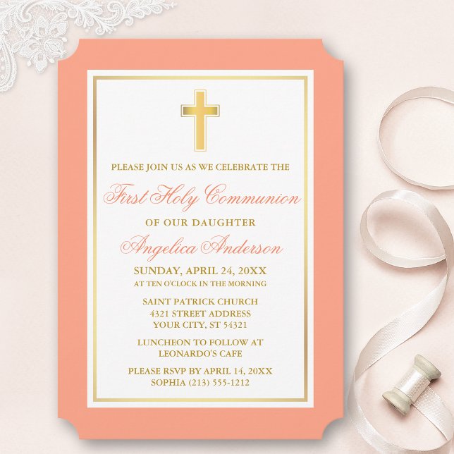 Convites Elegante Dourada Cross Peach First Communance (Customize to change text size, style, color or to add more text or photos to back of card.)