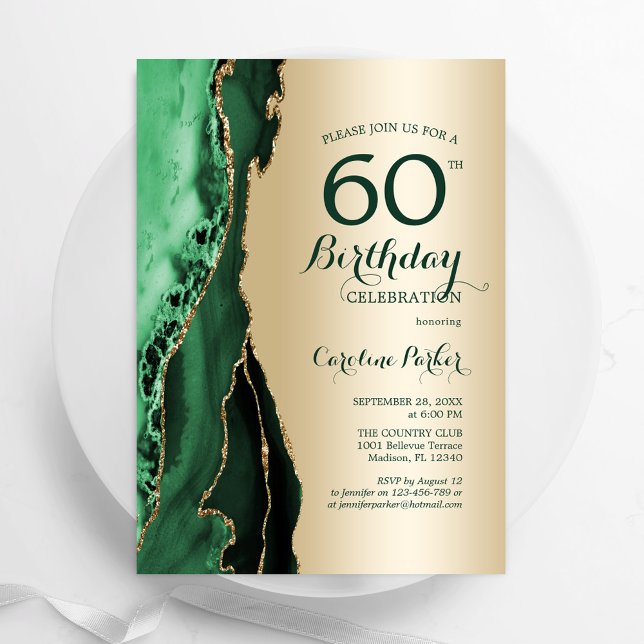 Convites Elegante Dourada Emerald Green Agate 60º aniversár (Criador carregado)