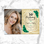 Convites Elegante Dourada Emerald Green Foto 50º aniversári<br><div class="desc">Elegante convite floral feminino para o 50º aniversário com sua foto. Design de vidro com ouro brilhante falso. Apresenta faixas, rosas verdes esmeraldas, fonte de script e confetti. Perfeito para uma festa de comemoração de na moda adulto. Personalize com seus próprios detalhes. Pode ser personalizado para qualquer idade! Impressos convites...</div>