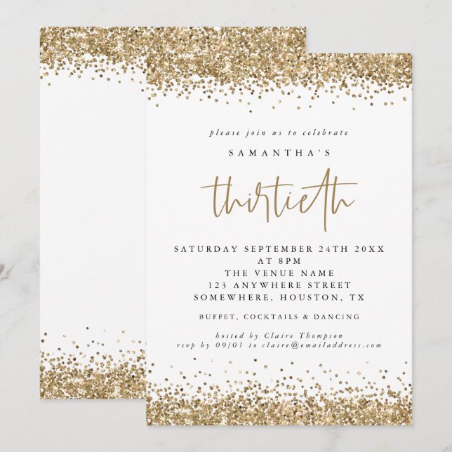 Convites Elegante Dourada Glitter 30 Partido (Frente/Verso)