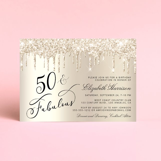 Convites Elegante Dourada Glitter 50ª Festa de aniversário (Celebrate her 50 years of sparkle with an elegant gold glitter birthday party invitation  🎉 🎂 🥂)