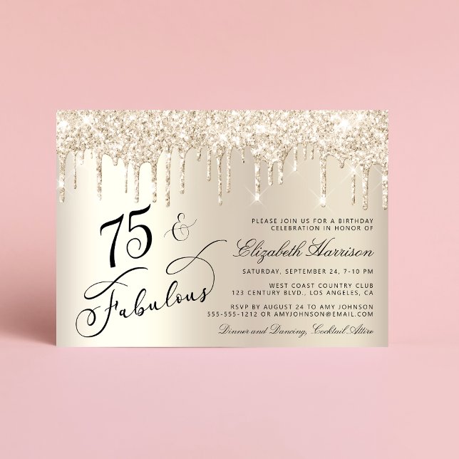 Convites Elegante Dourada Glitter 75ª Festa de aniversário (Celebrate her 75 years of sparkle with an elegant gold glitter birthday party invitation  🎉 🎂 🥂)