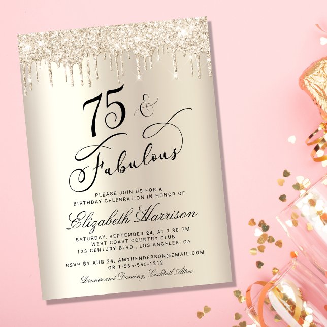 Convites Elegante Dourada Glitter 75ª Festa de aniversário (Celebrate her 75 years of sparkle with an elegant gold glitter birthday party invitation  🎉 🎂 🥂)