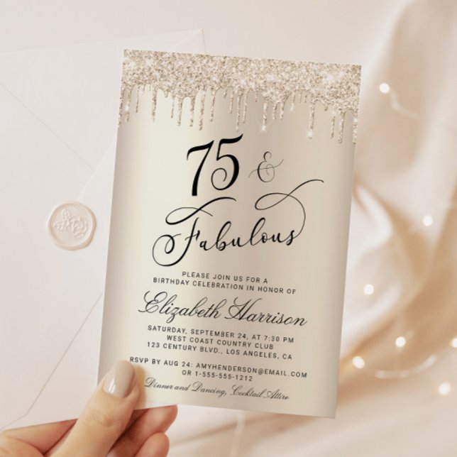 Convites Elegante Dourada Glitter 75ª Festa de aniversário (Celebrate her 75 years of sparkle with an elegant gold glitter birthday party invitation  🎉 🎂 🥂)