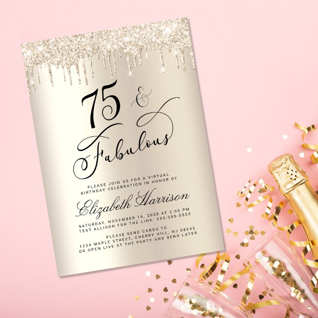 Convites Elegante Dourada Glitter Virtual 75th Festa de ani (Celebrate her 75 years of sparkle with an elegant gold glitter birthday party invitation  🎉 🎂 🥂)