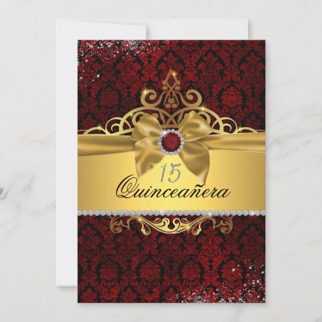 Convites Elegante Dourada Ruby Red Damask Quinceanera Convi (Frente)