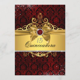 Convites Elegante Dourada Ruby Red Damask Quinceanera Convi