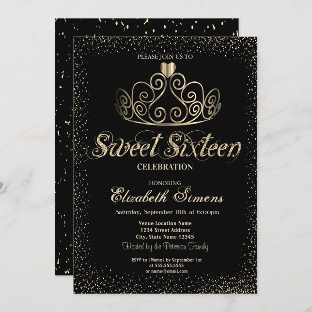 Convites Elegante Dourada Tiara Confetti Sweet 16 (Frente/Verso)