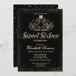Convites Elegante Dourada Tiara Confetti Sweet 16