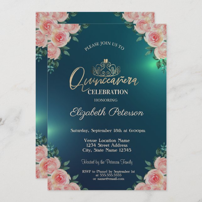 Convites Elegante Dourada Tiara Rosas Florais Quinceañera (Frente/Verso)