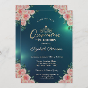 Convites Elegante Dourada Tiara Rosas Florais Quinceañera