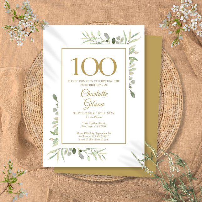 Convites Elegante Dourada Watercolor Greenery 100º Aniversá (Elegant Gold Watercolor Greenery 100th Birthday Invitation)