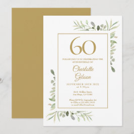 Convites Elegante Dourada Watercolor Greenery 60º Aniversár