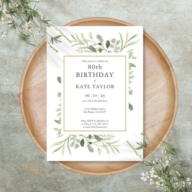 Convites Elegante Dourada Watercolor Greenery 80 (Elegant Gold Watercolour Greenery 80th Birthday Invitation)