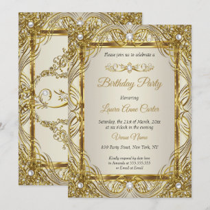 Convites Elegante Dourado Bege Creme Pérola Damasko festa
