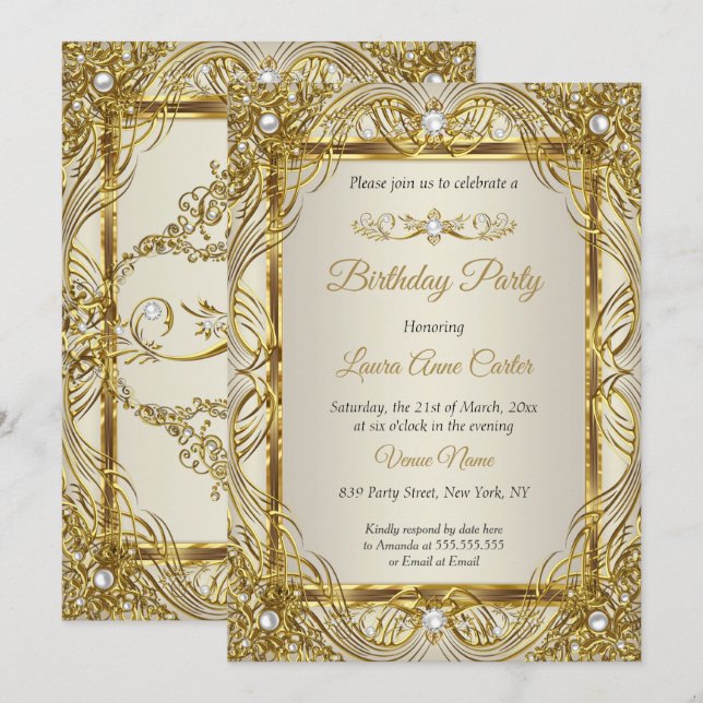 Convites Elegante Dourado Bege Creme Pérola Damasko festa (Frente/Verso)