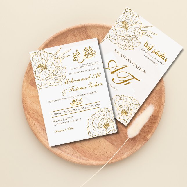 Convites Elegante Dourado Bismillah Branco Moderno Nikah (Elegant Gold Floral Bismillah White Modern Nikah Invitation)