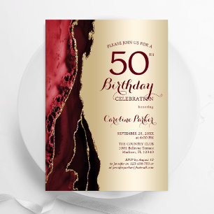 Convites Elegante Dourado Borgonha Vermelha 50º Aniversário