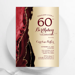 Convites Elegante Dourado Borgonha Vermelha 60º Aniversário
