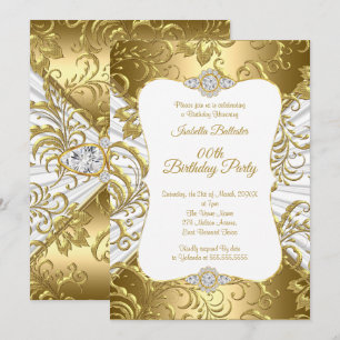 Convites Elegante Dourado Branco Damasco floral Festa de An