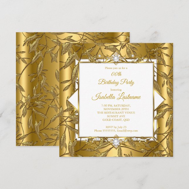 Convites Elegante Dourado Branco Damasko Pérola Festa de An (Frente/Verso)