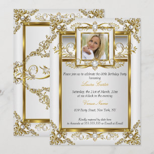 Convites Elegante Dourado Branco Pérola Damasko Foto Aniver