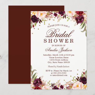 Convites Elegante Dourado Burgundy Floral Chuveiro de Noiva
