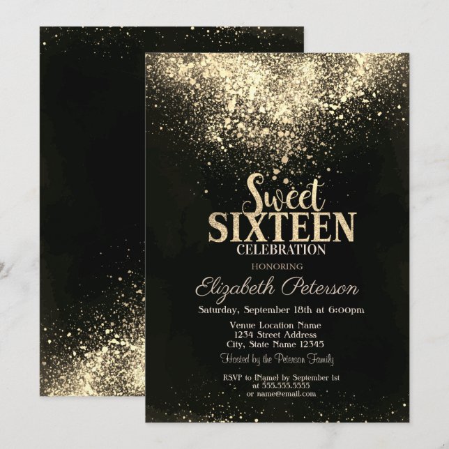 Convites Elegante Dourado Confetti, Black Sweet 16 (Frente/Verso)