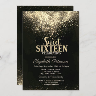 Convites Elegante Dourado Confetti, Black Sweet 16