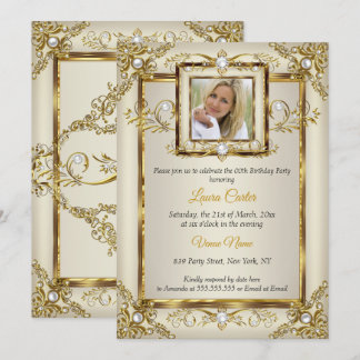 Convites Elegante Dourado Creme Pérola Damasco Foto Anivers