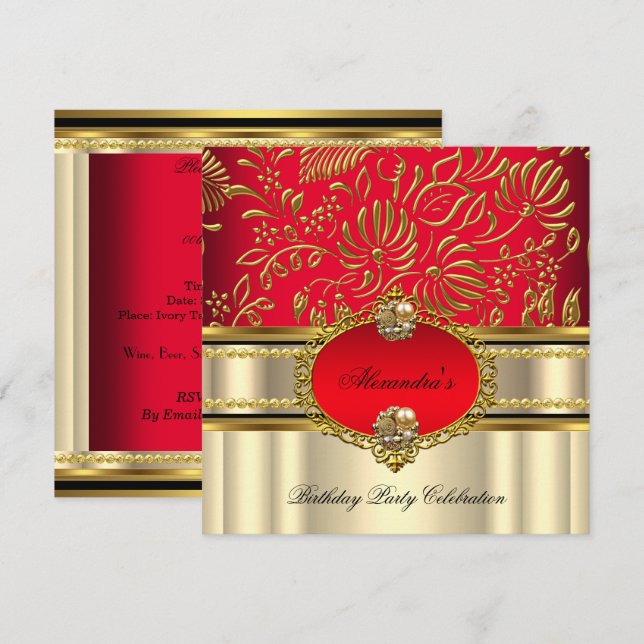 Convites Elegante Dourado Creme Vermelho Regal Damasco Aniv (Frente/Verso)