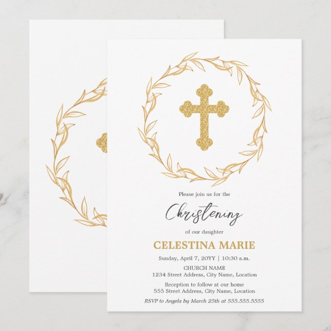 Convites Elegante Dourado Cross Christening (Frente/Verso)