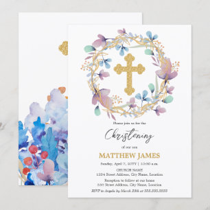 Convites Elegante Dourado Cross Christening Floral