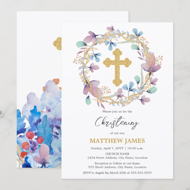Convites Elegante Dourado Cross Christening Floral (Frente/Verso)