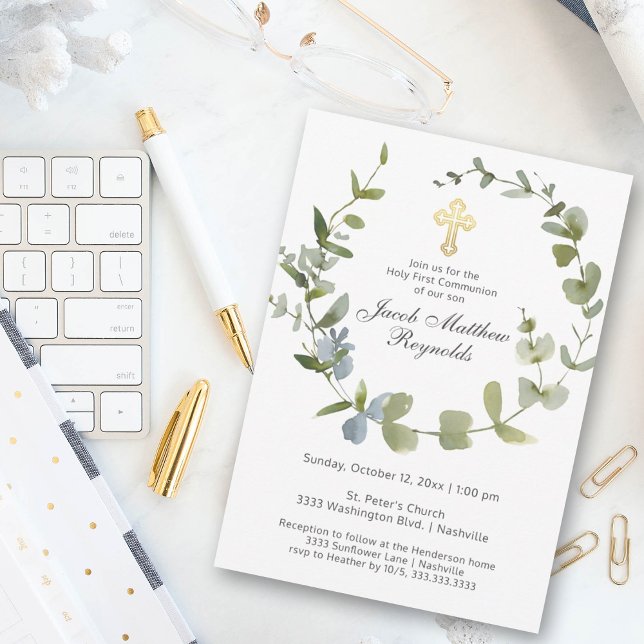 Convites Elegante Dourado Cruz Santa Comunhão (Criador carregado)