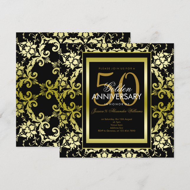 Convites Elegante Dourado Damask 50º Aniversário de Casamen (Frente/Verso)