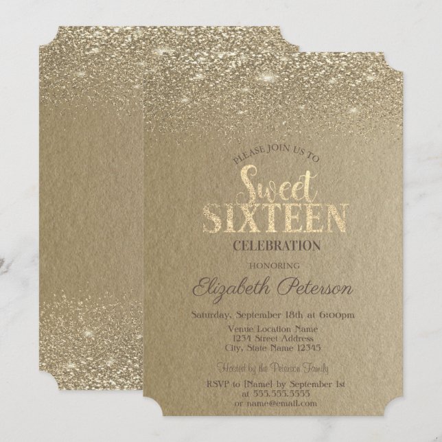 Convites Elegante Dourado Diamantes Confetti Kraft Sweet 16 (Frente/Verso)