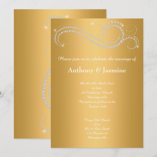 CONVITES ELEGANTE DOURADO DIAMOND SWIRL WEDDING (Frente/Verso)