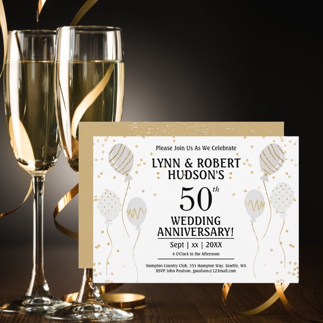 Convites Elegante Dourado do Partido dos 50 Anos (50th Wedding Anniversary, Gold and White Invitation)
