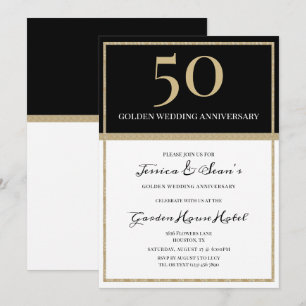 Convites Elegante Dourado e Negro 50º Aniversário de Casame
