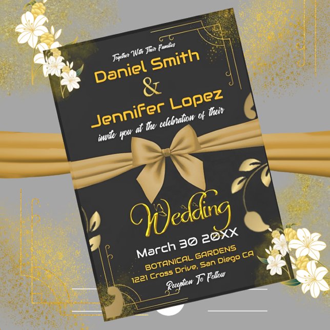 Convites Elegante Dourado e Preto Com Casamento Floral Bran (Criador carregado)