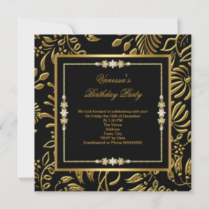 Convites Elegante Dourado em Preto Damask Floral Festa de A