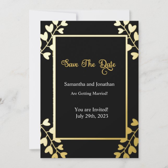 Convites Elegante Dourado em preto Salve a placa de data (Frente)